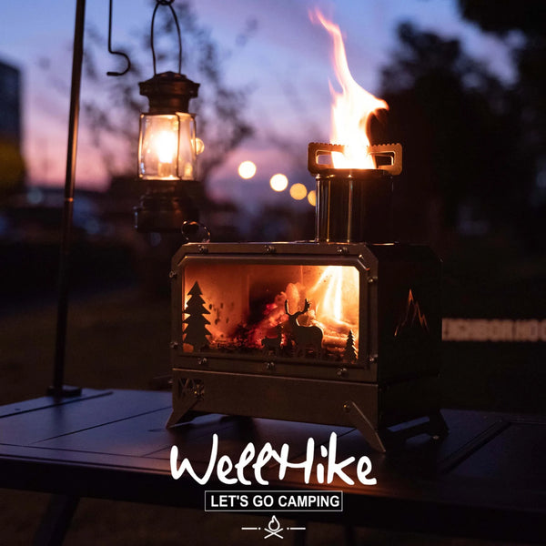 WELLHIKE Wood Stove Woodstove Heater Mini Stainless Steel Outdoor with Observation Glass Camping Portable Collapsible Woodstove