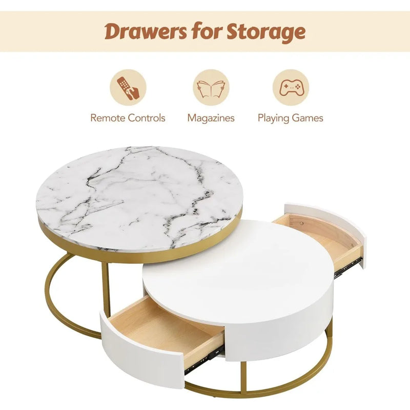Coffee Table, Modern Round Nesting Coffee Table with Drawers Easy To Assemble, Circle Coffee Tables for Living Room