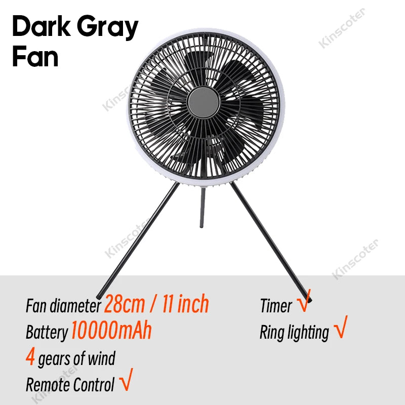Outdoor Camping Fan Rechargeable Desktop 10000mAh Portable Circulator Wireless Ceiling Electric Fan with Power Bank LED Lighting