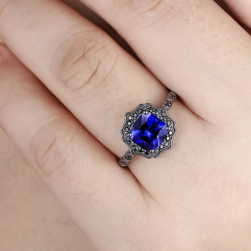 European and American new fashionable retro royal blue zircon inlaid personalized luxury versatile women's ring