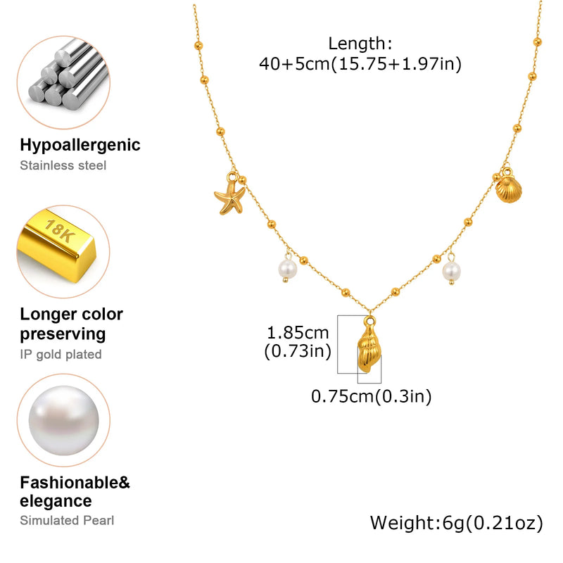 Vnox Ocean Style Stainless Steel Pearl Conch Necklace Summer Jewelry For Women Girl Gold Color Bead Chain Cool Collar Heart Tail