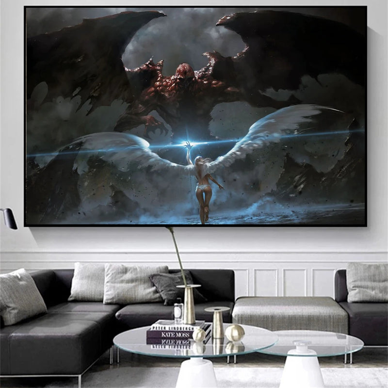 Fantasy Dragon and Cavaliers Picture and Poster Magic World Canvas Painting Mysterious Unique Wall Art War Furnishing Home Decor