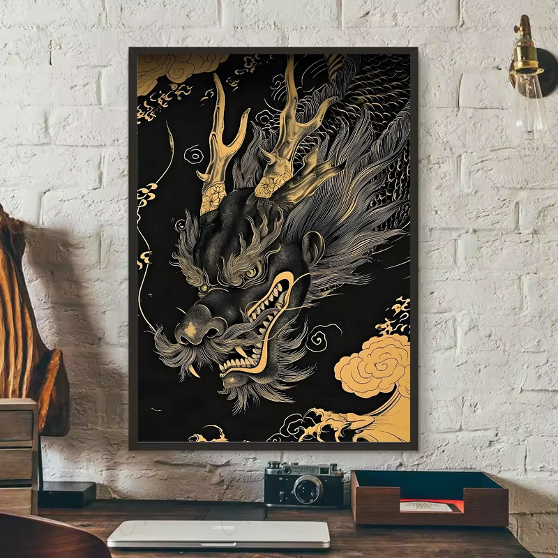 Asian Ink Style Dragon Shadow Waves Art Poster HD art sticky wall waterproof home living room bedroom bar aesthetic decoration