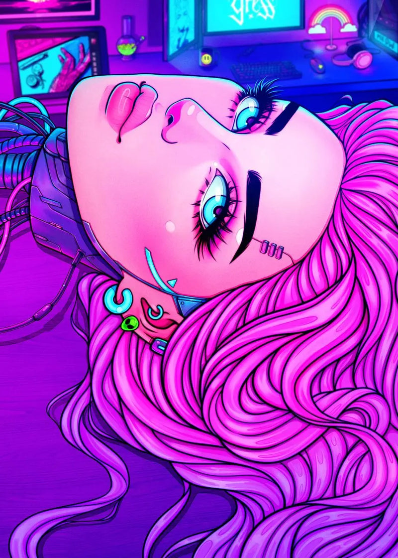 Cyber Punk Anime Neon Cool Girl Poster Aesthetic Purple Canvas Painting Wall Art Prints Pictures Gamer Room Home Decoration