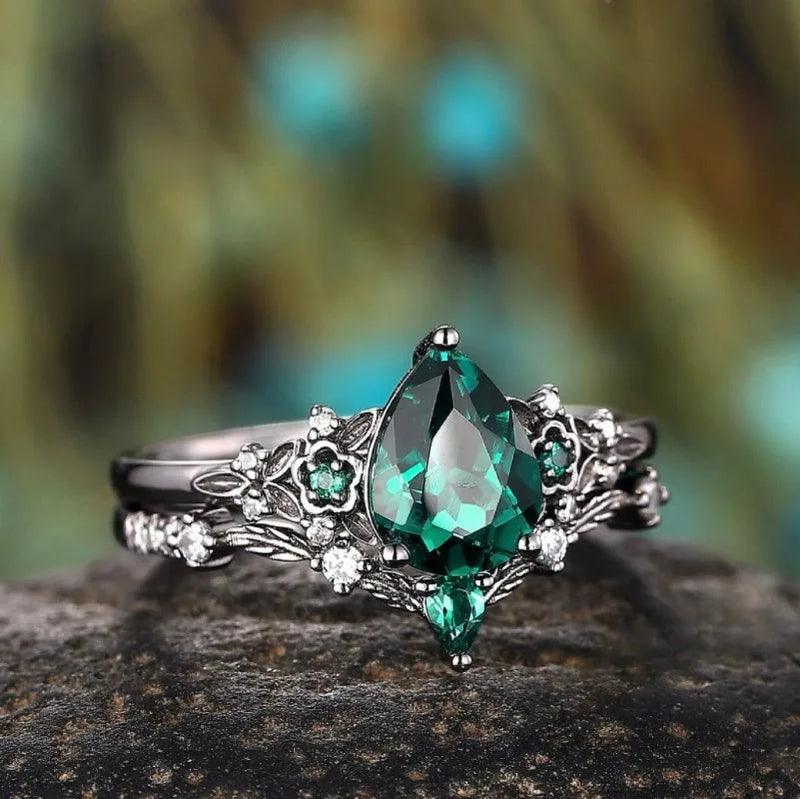 European and American fashion creative flower shape green zircon inlaid ring double layer women's ring