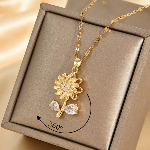 1pcs Titanium Steel Chain Exquisite Cute 360° Rotatable Sunflower Pendant Necklace for Women, Charming Plant Jewelry Gift