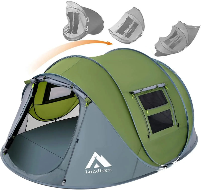 Green & Grey 110*78*51''4 Person Easy Pop Up Tent Waterproof Automatic Setup 2 Doors-Instant Family Tents for Camping Hiking & T