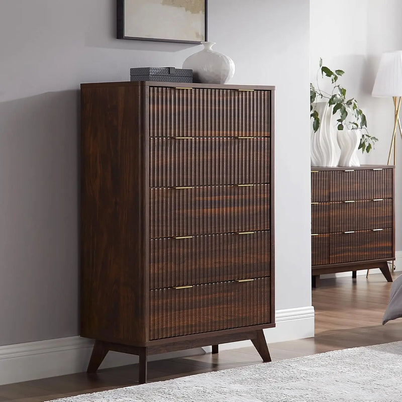 FlutedDresser, Modern Chest of Drawers with Faux Marble Top, Curved Profile Design, Wood Drawer Organizer for Bedroom