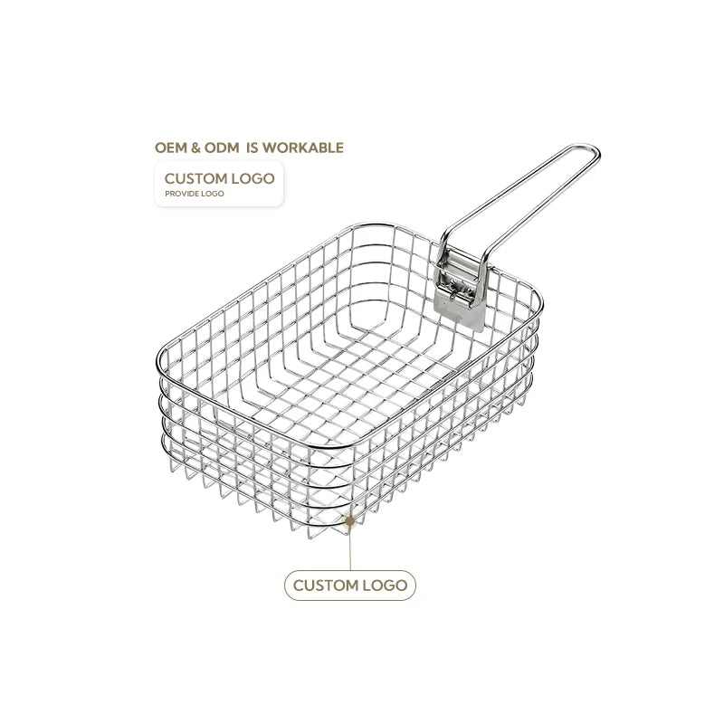 CAMPINGMOO S-1218 Outdoor Fried Nets and Baskets, Camping Folding 304 Stainless Steel Fried French Fries, Picnic Lunch Boxes