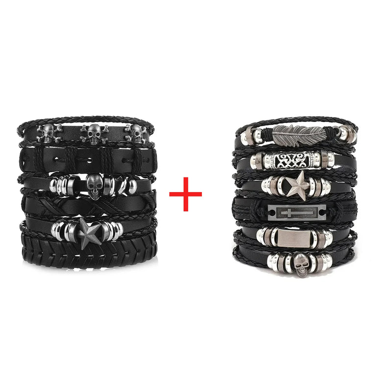 1 Fashion Bracelet Viking  Bracelet For Men Hand Bracelets Woven Skull Hand Jewelry Adjustable Leather Set Bracelet For Leather