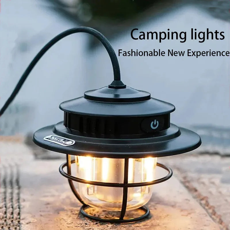 LED Camping Lantern Retro Hanging Light Portable Stepless Dimming Waterproof Rechargeable Outdoor Camping and Emergency Lighting